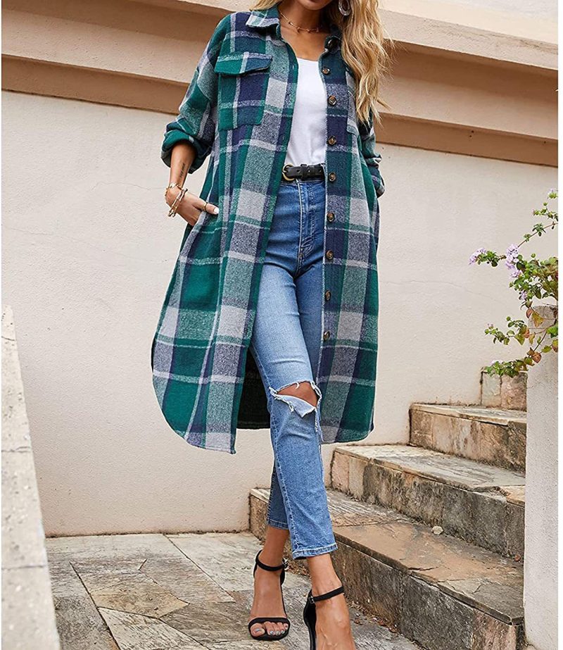 Slim Fit Woolen Plaid Trench Coat for Women - Image 3