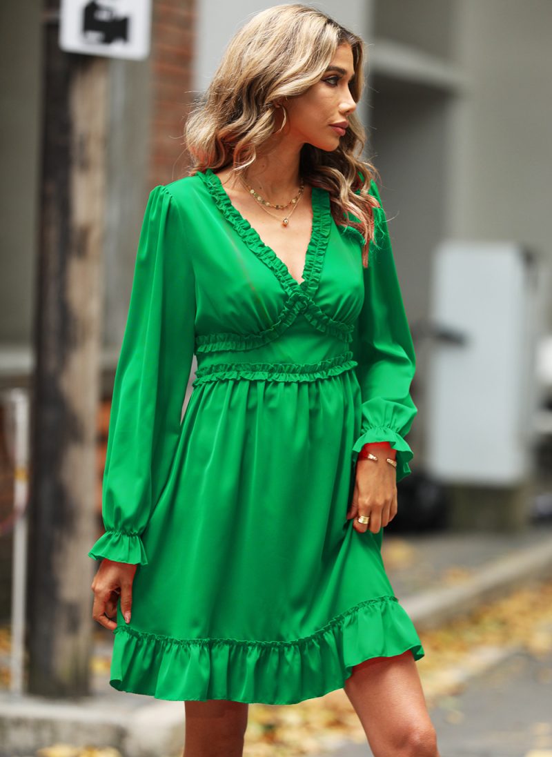 Ruffled V-Neck High Waist A-Line Dress - Image 4