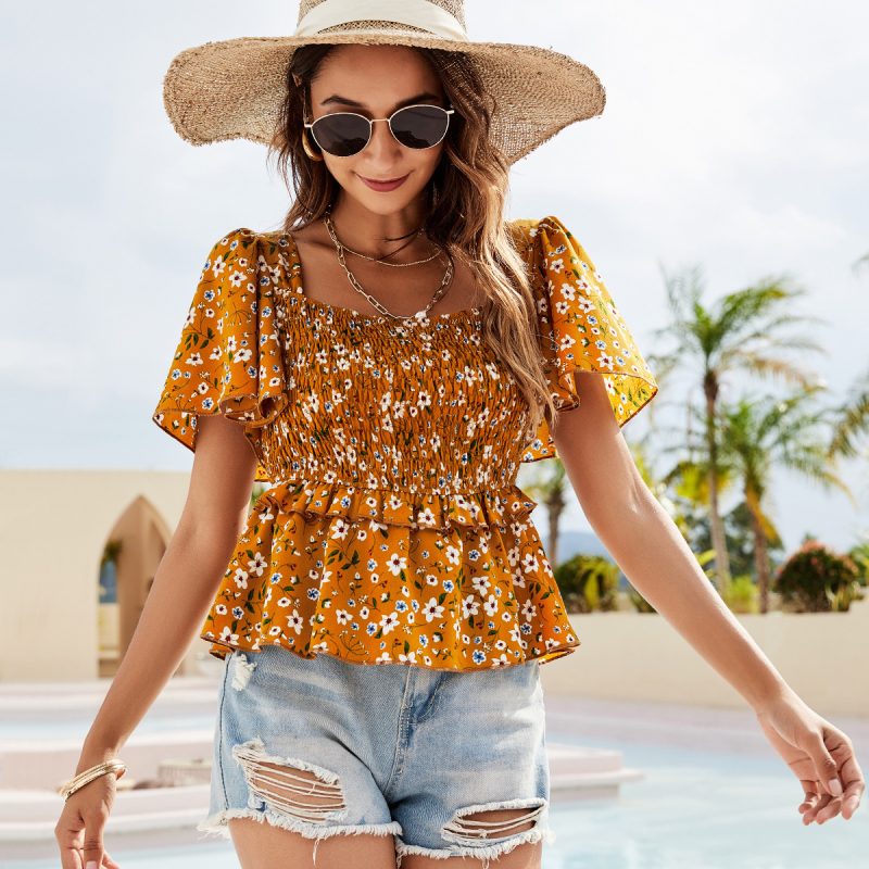 Square Collar Backless Short Top with Bell Sleeves - Image 2