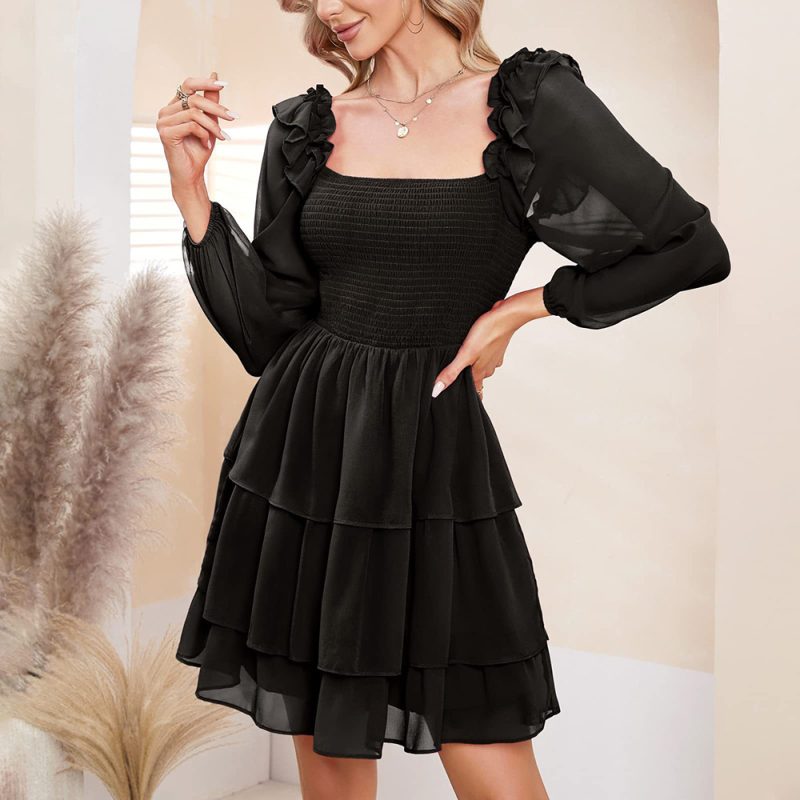 Square Collar Tiered Slimming Dress - Image 8