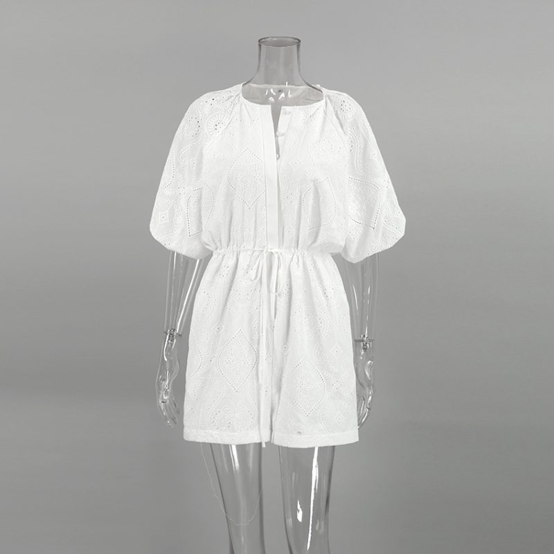 White Jacquard Puff Sleeve Jumpsuit - Image 5