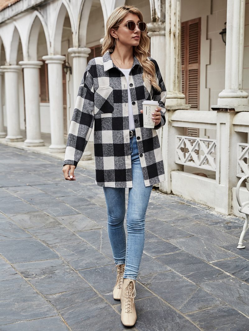 Polo Collar Plaid Loose Casual Jacket for Women - Image 3