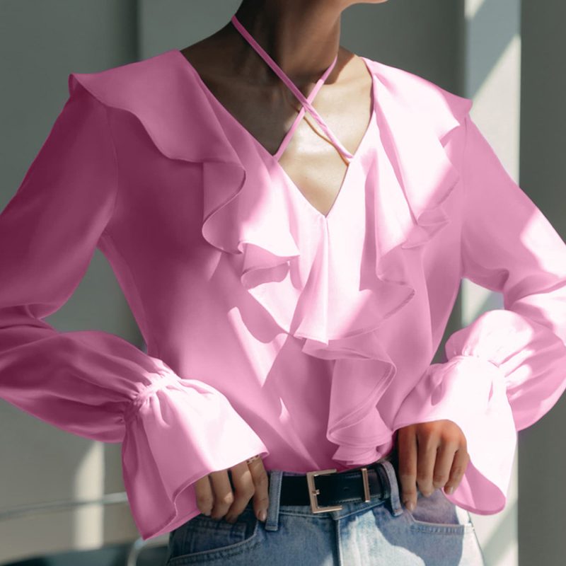 French Ruffled V-neck Puff Sleeve Shirt - Image 3