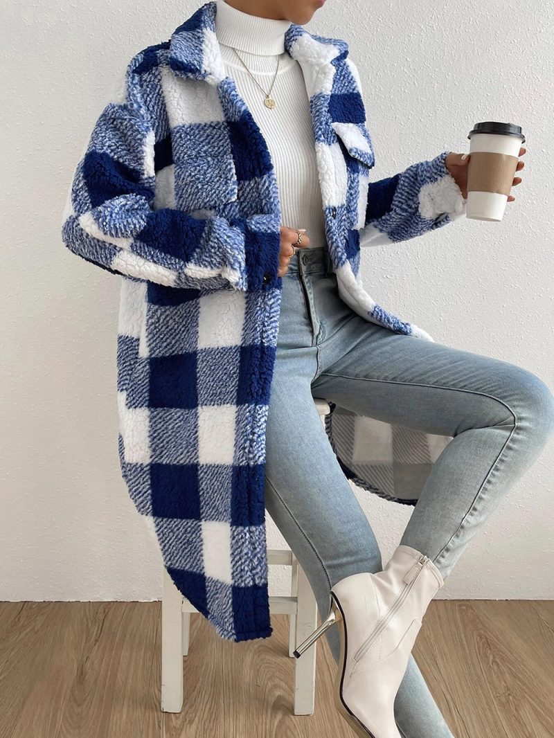 Buckle Collared Plush Plaid Coat - Image 6