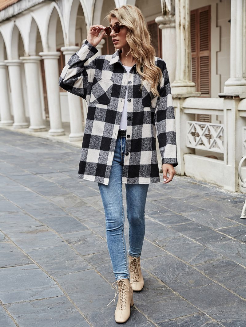 Polo Collar Plaid Loose Casual Jacket for Women - Image 2