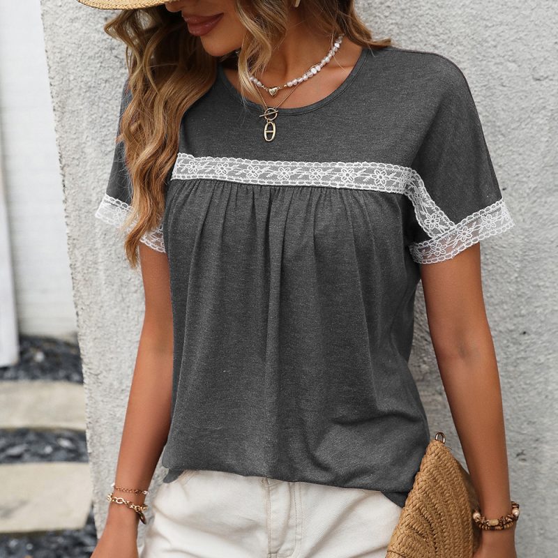Lace Patchwork Round Neck T-Shirt - Image 3