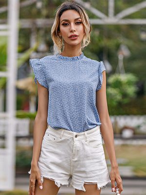 Light Blue Ruffle Sleeve Half Turtleneck Top