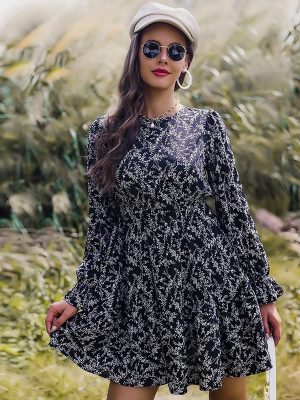 Printed Round Neck Long Sleeve Dress for Autumn