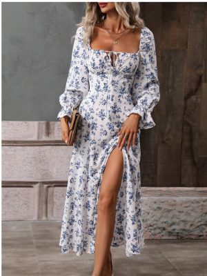 Floral Print Slit Long Sleeve Square Collar Dress