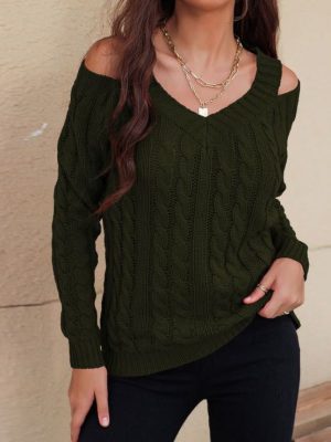 V-Neck Off-Shoulder Wood Green Sweater