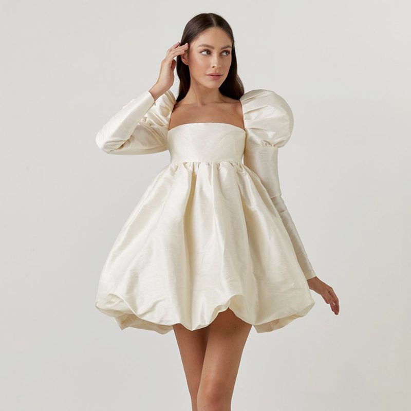 Long Ice Silk Court Puff Sleeve Gown - Image 3