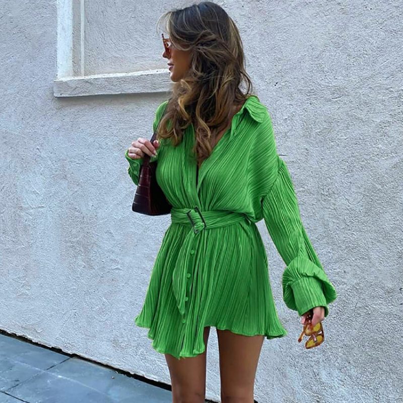Green Textured Pleated Shirt Dress - Image 3