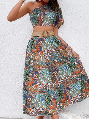 Bohemian Maxi Dress with Oblique Shoulder