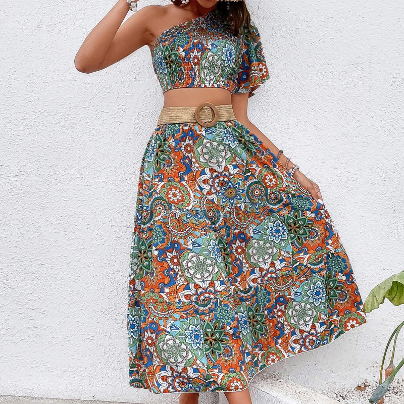 Bohemian Maxi Dress with Oblique Shoulder