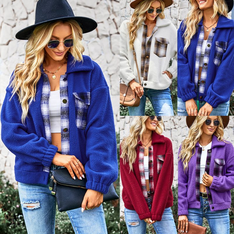 Winter Plush Plaid Stitching Coat - Image 4