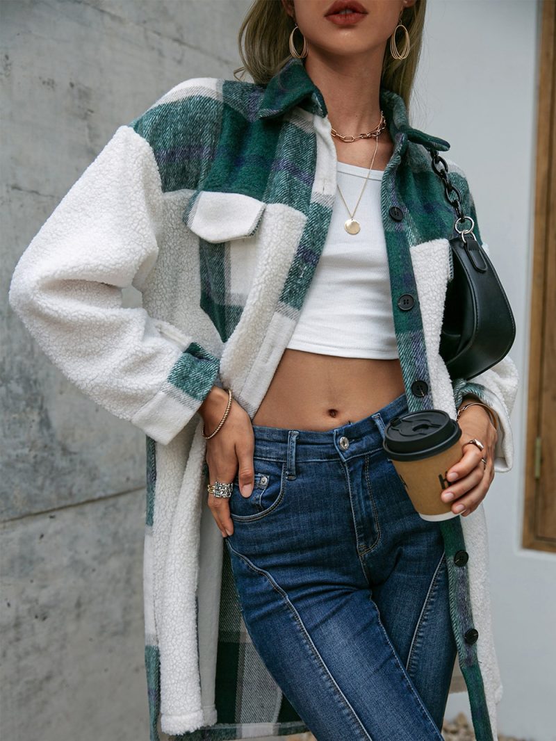 Polo Collar Long Plaid Shacket - Image 7