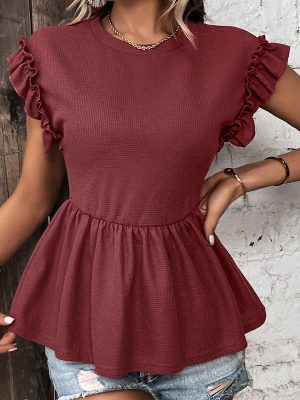 Office-Ready Solid Color Ruffle T-shirt