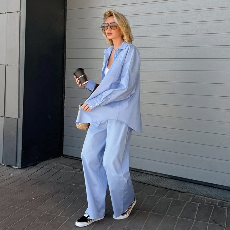 Spring Casual Set Women Loose Blue Long Sleeved Shirt Wide Leg Pants Two Piece Set - Image 2