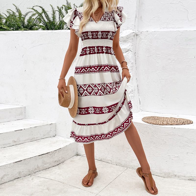 Casual V-Neck Dress with Waist Trimming for Summer