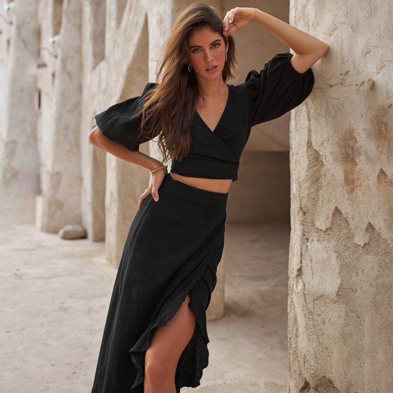 V-Neck Puff Sleeve Cropped Skirt Set - Image 2