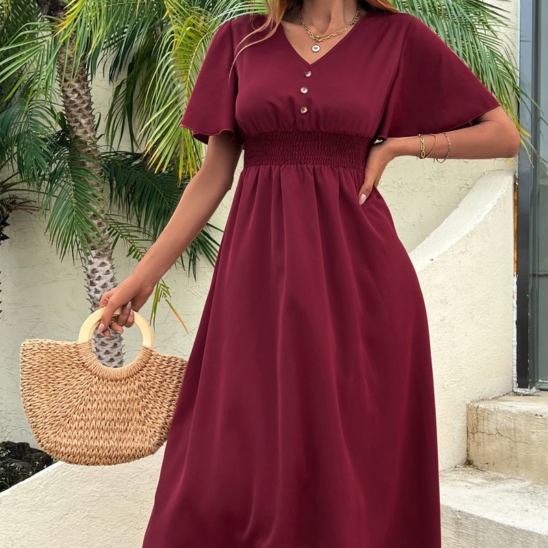 Elegant V-neck A-line Midi Dress for Women - Image 3