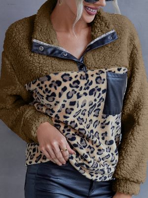 Leopard Fluffy Sweater with Faux Leather Patchwork Coa