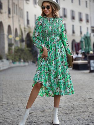 Slim Printed Smocking Long Sleeve Dress