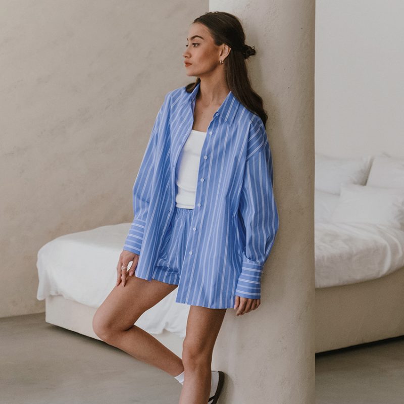 Striped Collared Long-Sleeved Pants Suit - Image 2