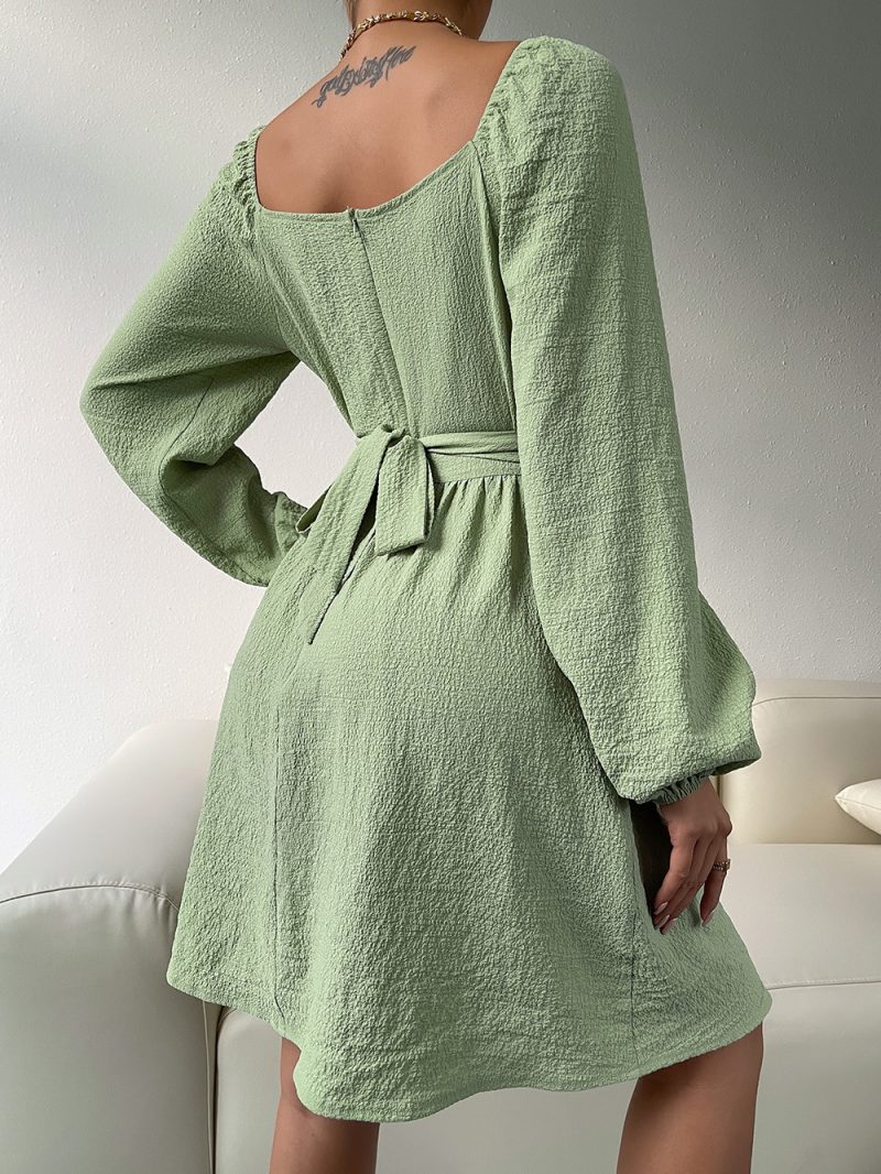 Square Collar Lace-Up A-Line Office Dress - Image 9