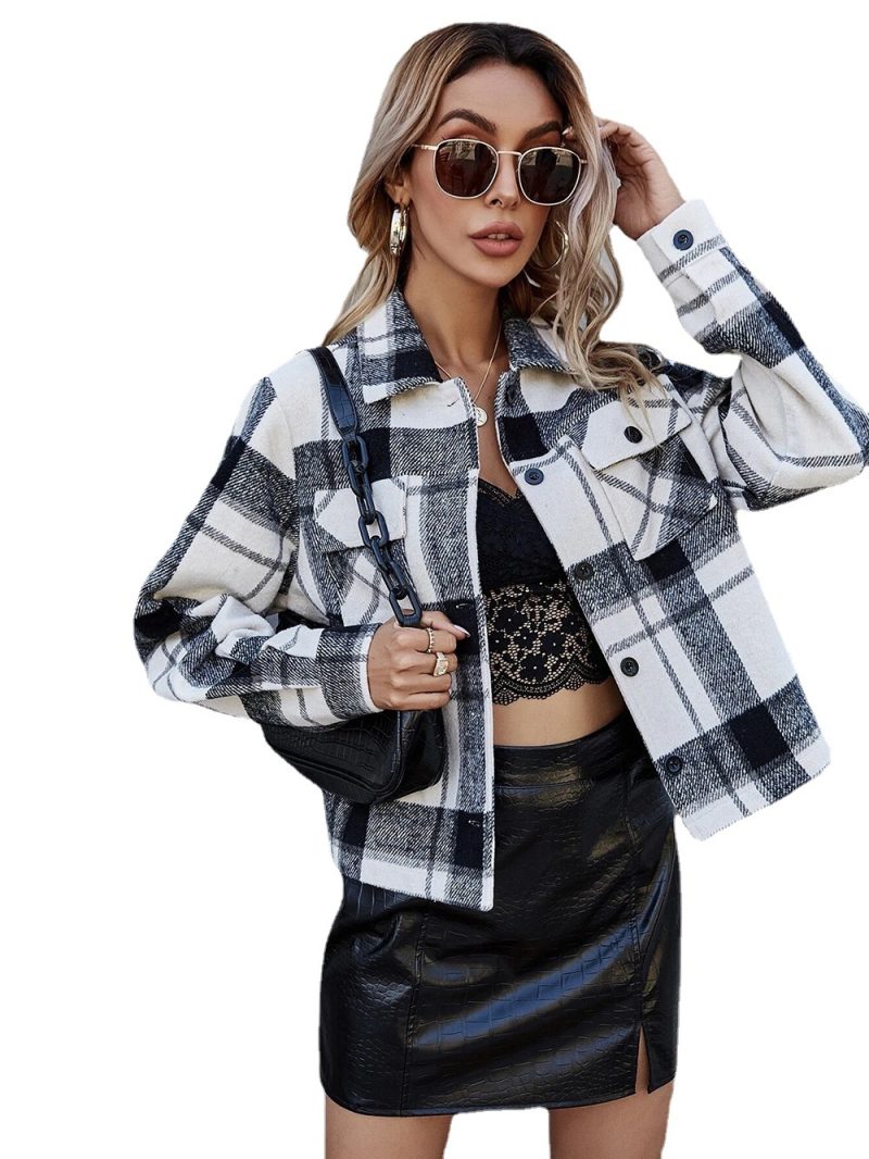 Single-Breasted Woolen Plaid Short Coat - Image 4