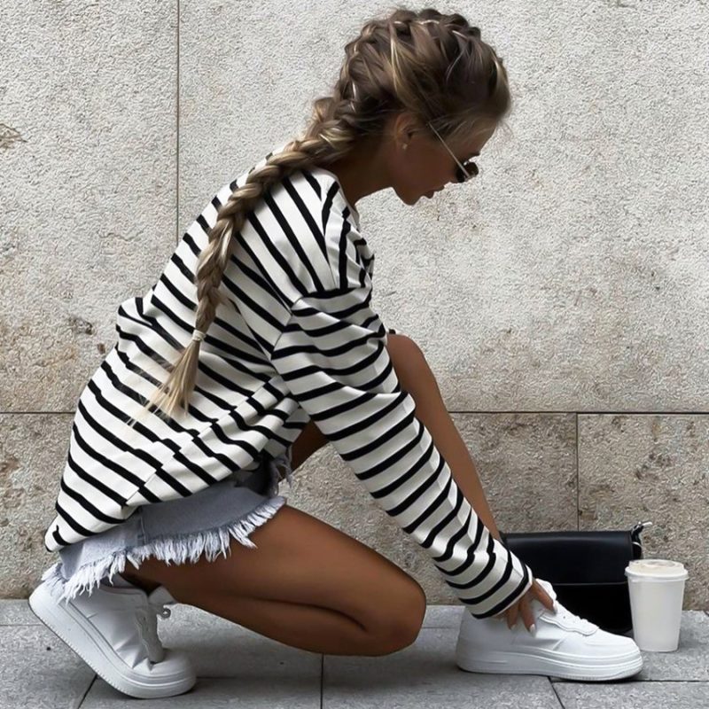 Autumn Long Sleeve Loose Striped T-shirt - Image 4