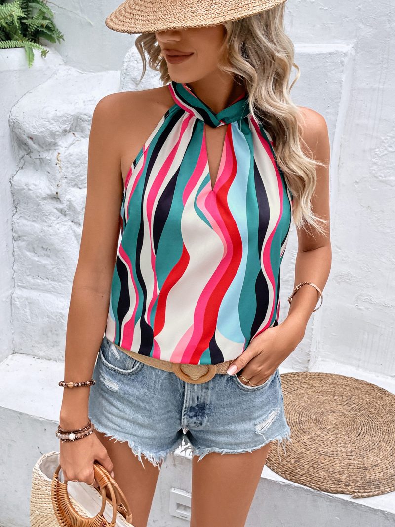 Casual Striped Halter Top with Painted Sleeveless Detail - Image 3