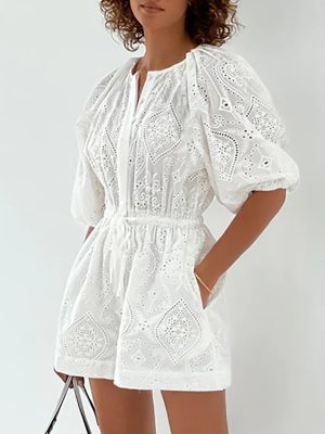 White Jacquard Puff Sleeve Jumpsuit