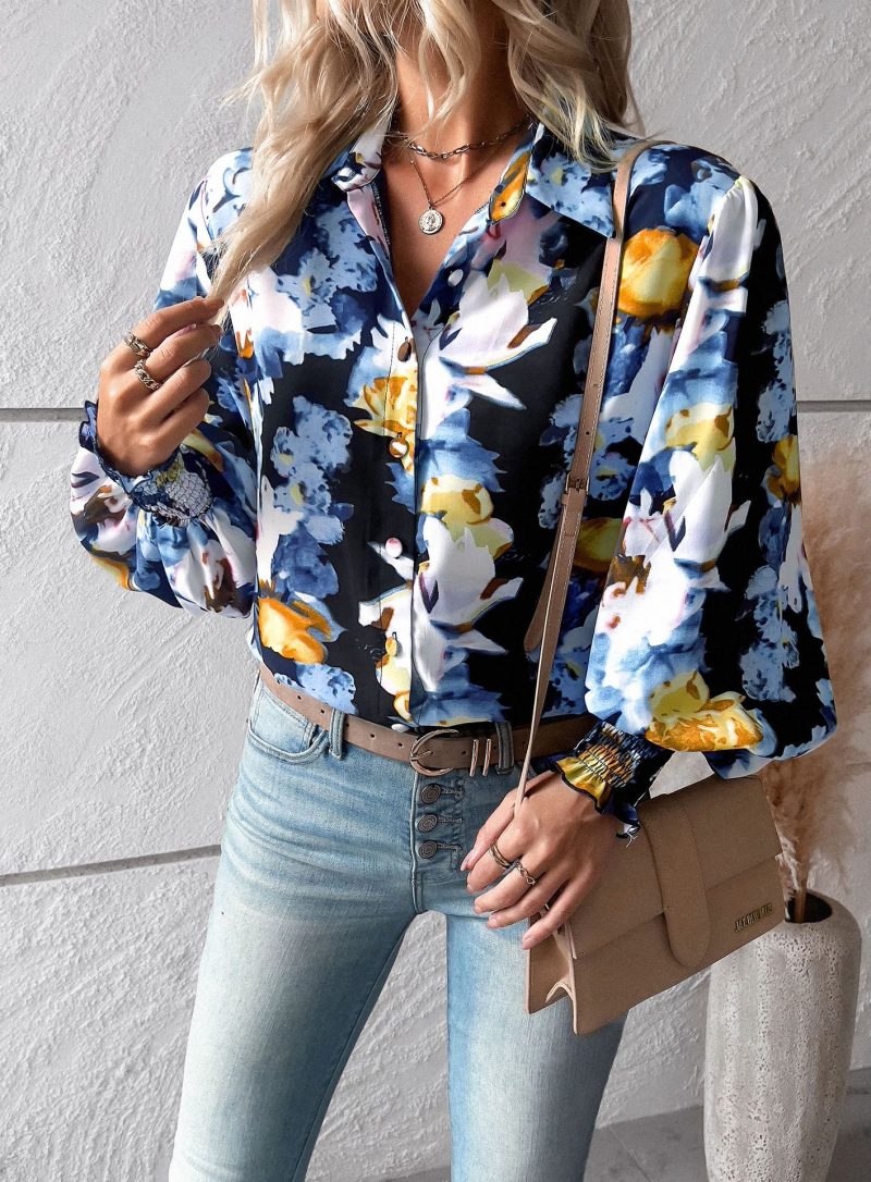 Casual Printing Lantern Sleeve Shirt - Image 3