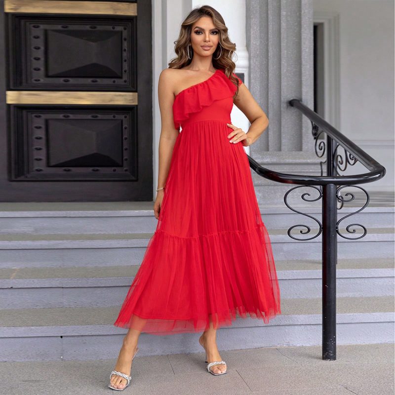 Off-Shoulder Ruffled Mesh Dress - Image 3