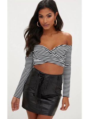 Off-Neck Short Striped Cross Slim Fit Cropped Long Sleeve