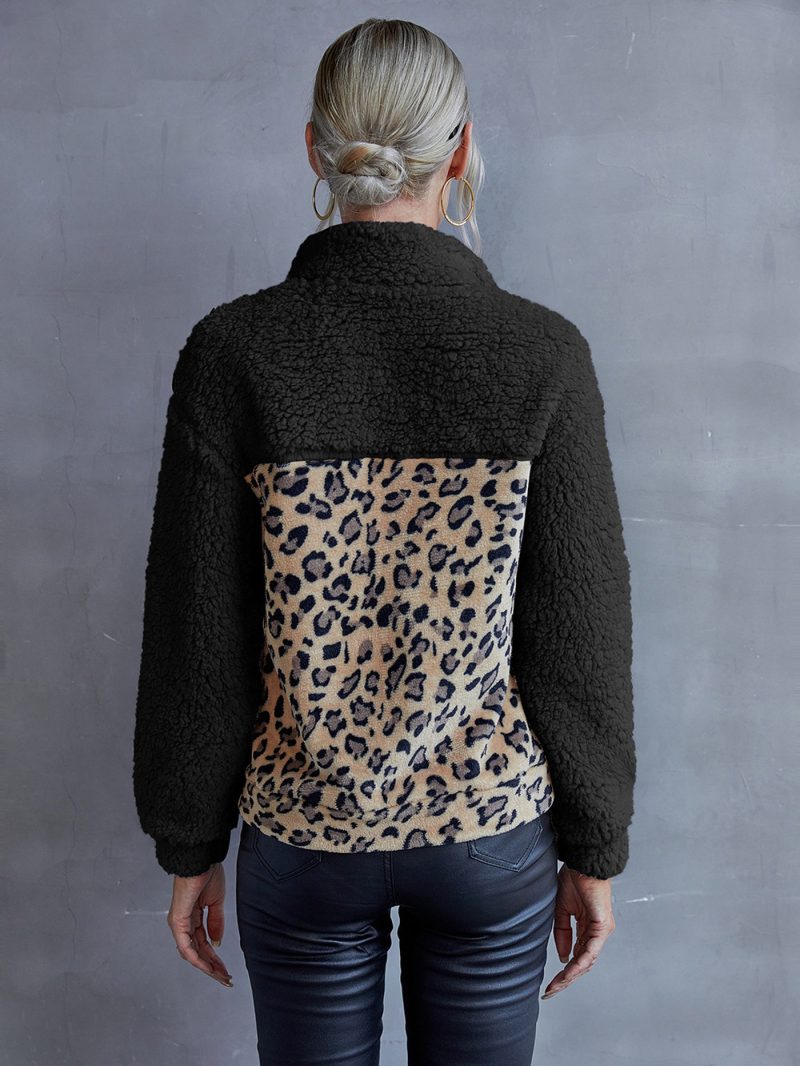 Leopard Fluffy Sweater with Faux Leather Patchwork Coa - Image 6