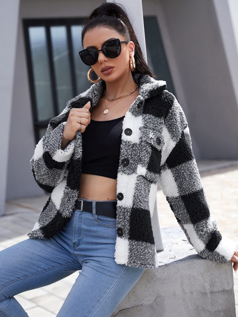 Plaid Collared Plush Coat - Image 3