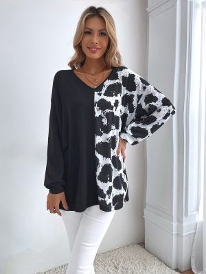 Leopard Print V-Neck Boyfriend T-shirt Sweater