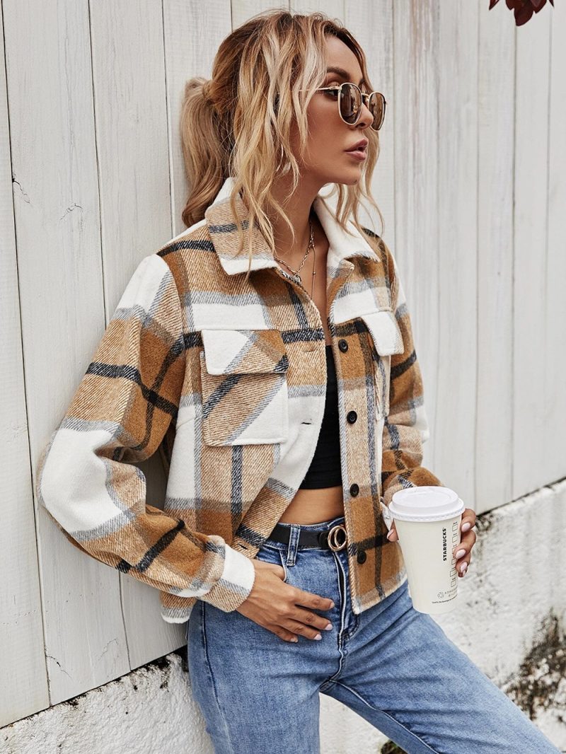 Single-Breasted Woolen Plaid Short Coat - Image 6