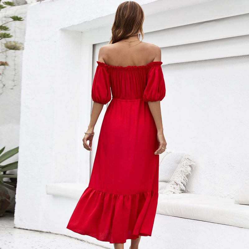 Red Off-Shoulder Dress with Wooden Ear Detail - Image 4