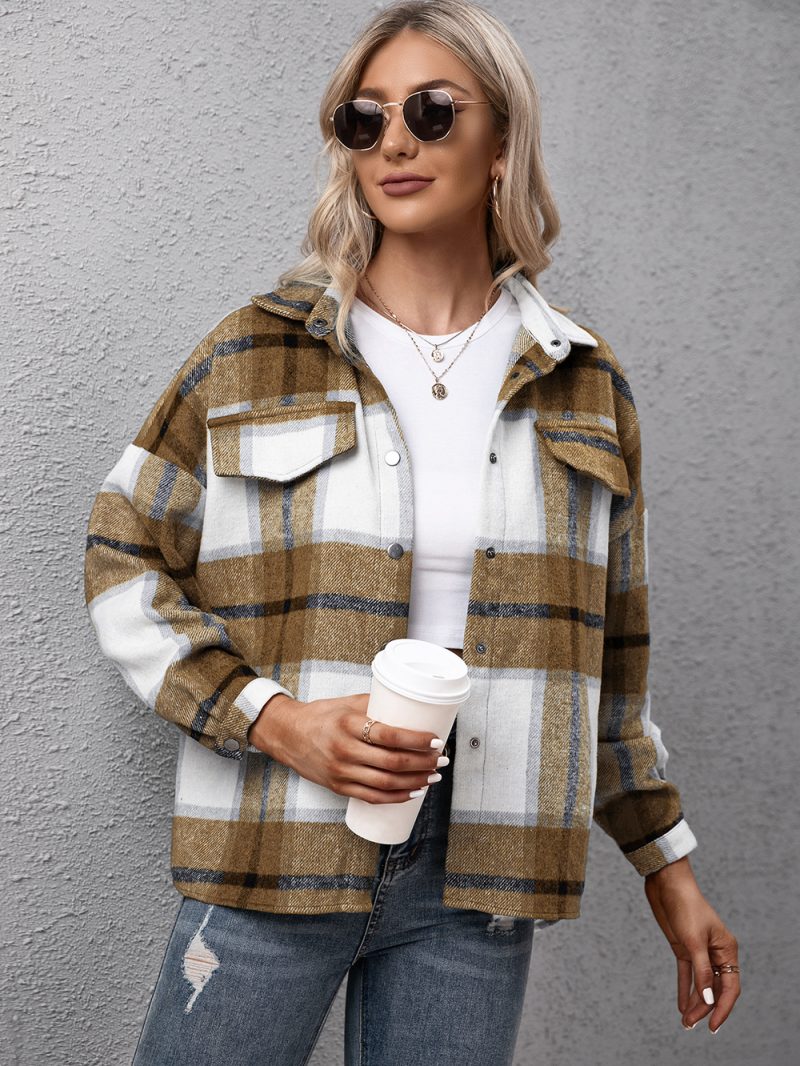 Cashmere Long-Sleeve Plaid Shacket for Women - Image 5