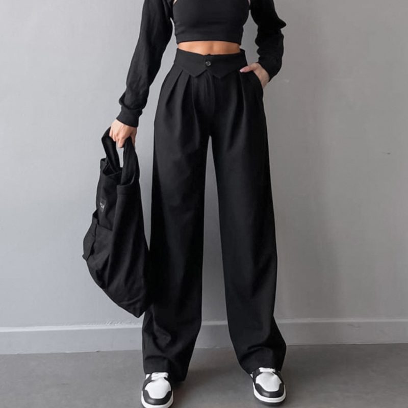 Pleated High Waist Straight Casual Pants - Image 3