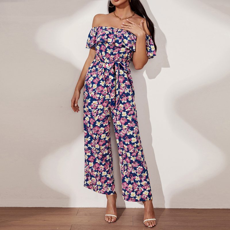 Ruffles Off-Shoulder Jumpsuit with Lace-Up Waist - Image 3