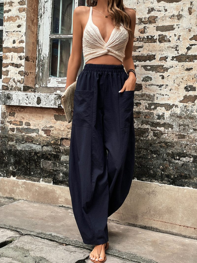 Solid Color Pocket Casual Trousers - Image 3