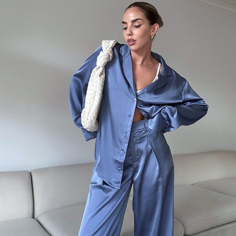 Satin Office Two-Piece Set in Elegant Blue - Image 3