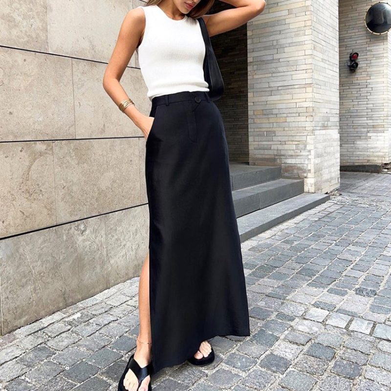 Elegant Black Split High Waist Drape Skirt - Image 2