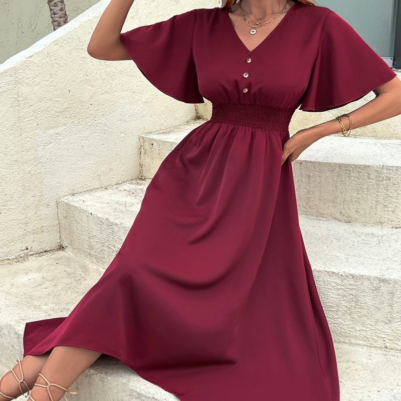 Elegant V-neck A-line Midi Dress for Women - Image 2