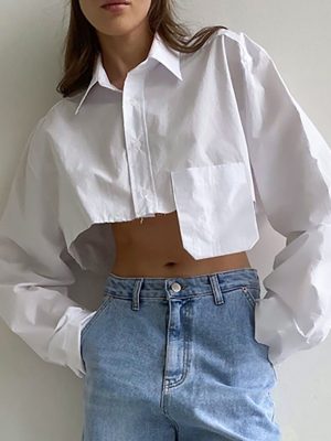 White Cropped Asymmetric Shirt for Autumn