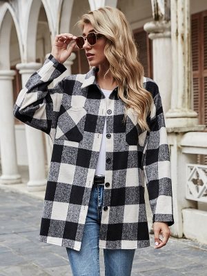 Polo Collar Plaid Loose Casual Jacket for Women